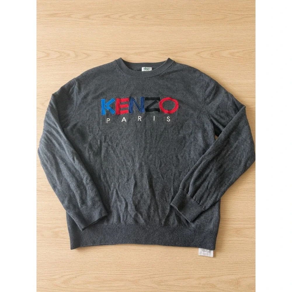 Kenzo Paris Mens Wool Crewneck Sweater Charcoal Grey Logo XXL F965PU2173LC